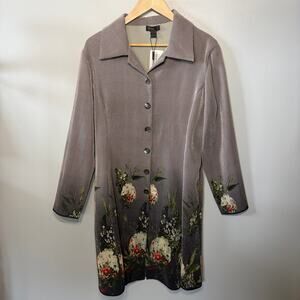 NWT Jerry T Jacket Gray Ribbed Knit Artsy Floral Leaves Button Front Long XL